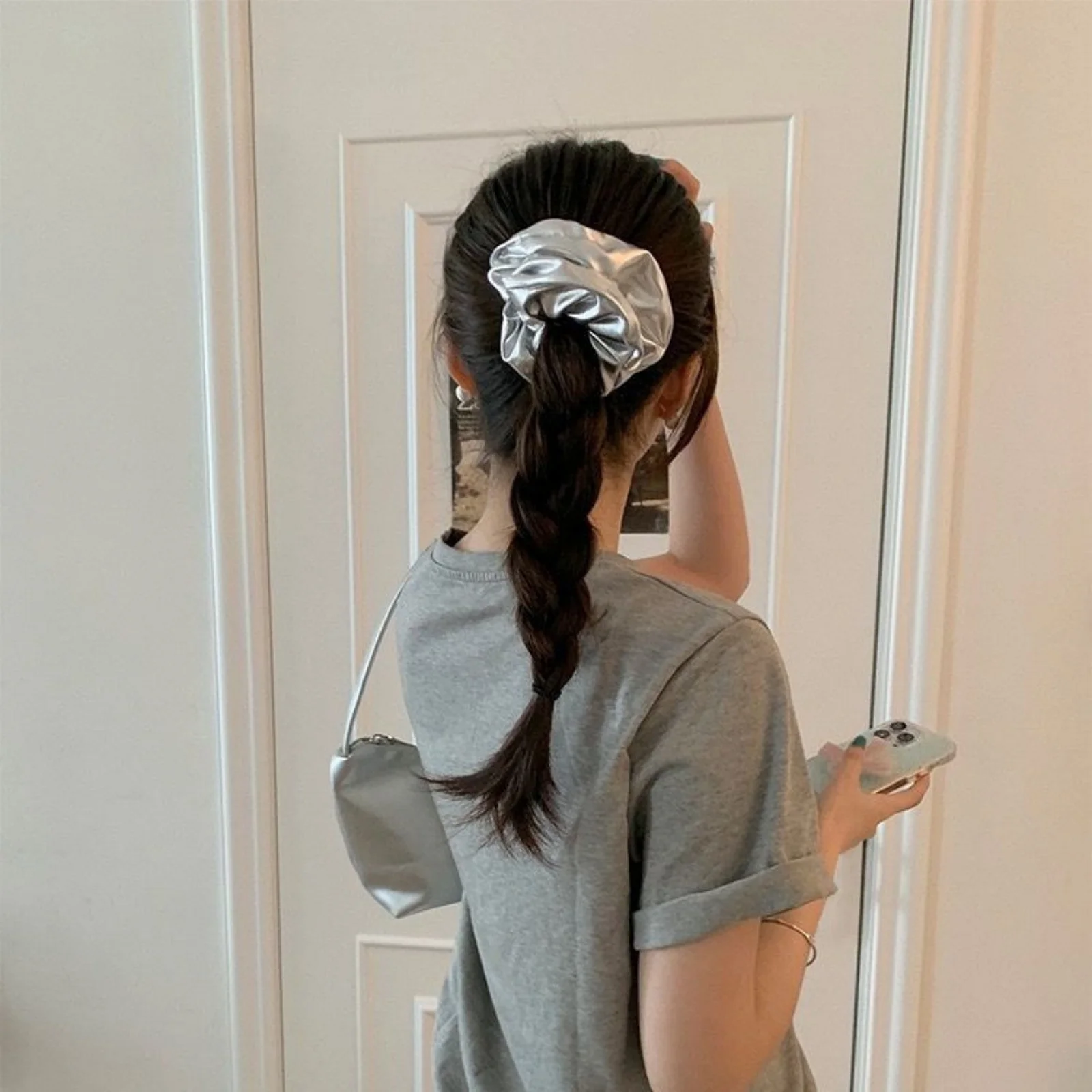y2k Scrunchies Metal Silver Color Medium Size Hair Tie Sweet Simple Elastic Hair Band Women Hair Accessories Daily Headwear image 3