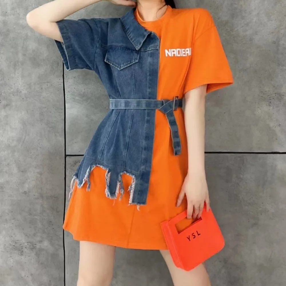 Sexy Short Sleeve O Neck Cowboy Patchwork Chic Denim Spliced Dresses Birthday Party Fashion Women Clothing Sweet Clothing