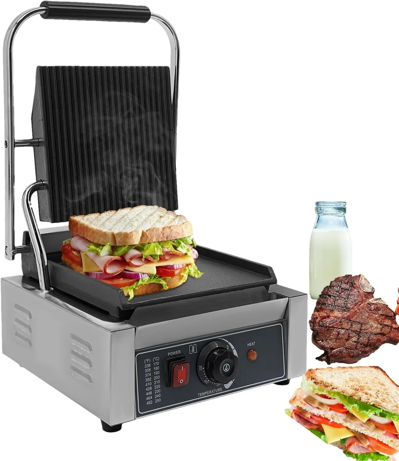 Sándwich comercial Panini Press Grill 1800W Máquina eléctrica para hacer sándwich individual de acero inoxidable con control de temperatura y 9 "x 9" sin