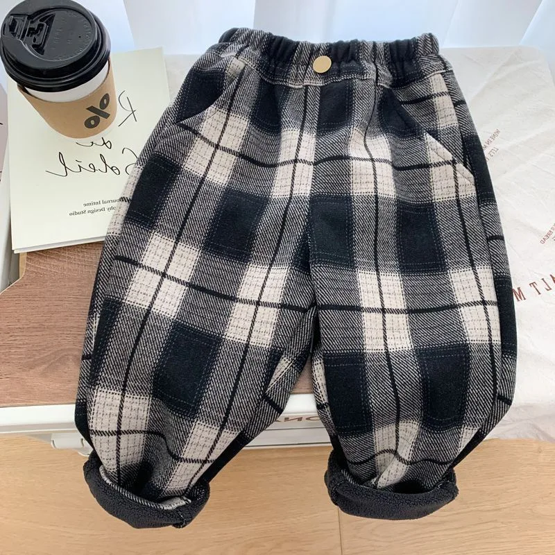 Retro Pants For Autumn Winter Kid Boys Plaid Cotton Button Decoration Toddler Baby Boys Trousers Velvet Thicken 1-6Y Boys Pants