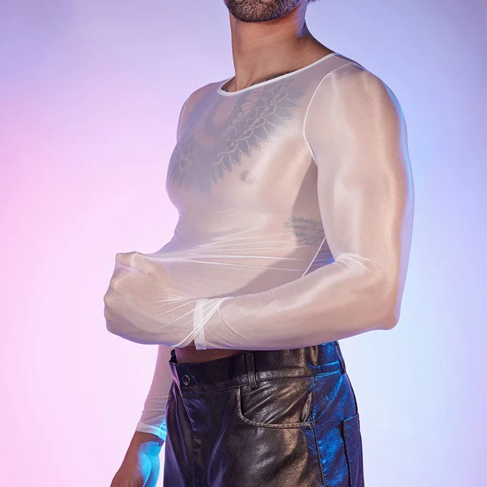 Fashion Men\'s Undershirt Oil Shiny Long Sleeve Tops O-Neck T-Shirts Sexy See Through Male Elastic T-shirt