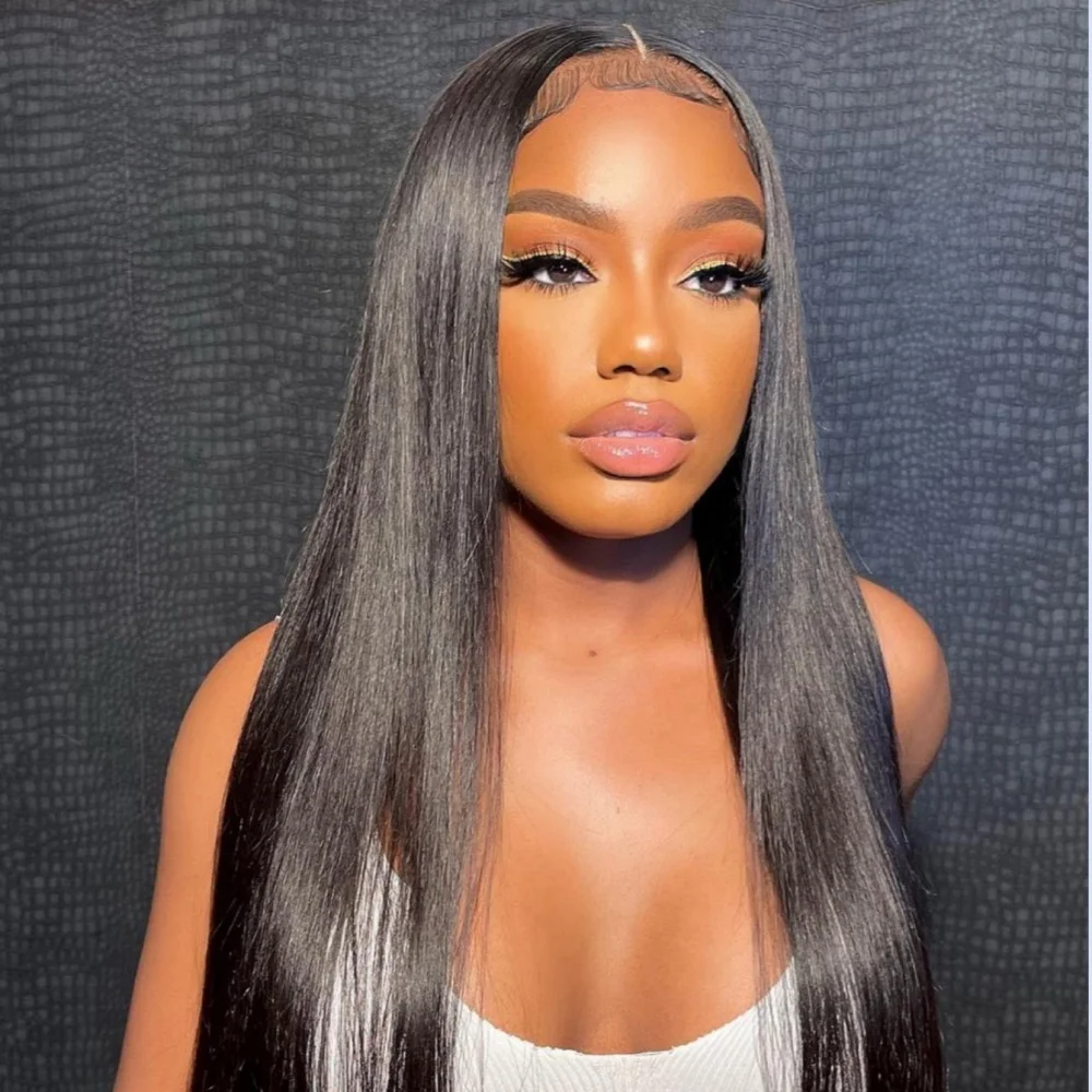 Peluca de cabello humano liso de 40 pulgadas, postizo de encaje Frontal transparente 13x4, Color Natural, 200% de densidad, brasileño, predesplumada