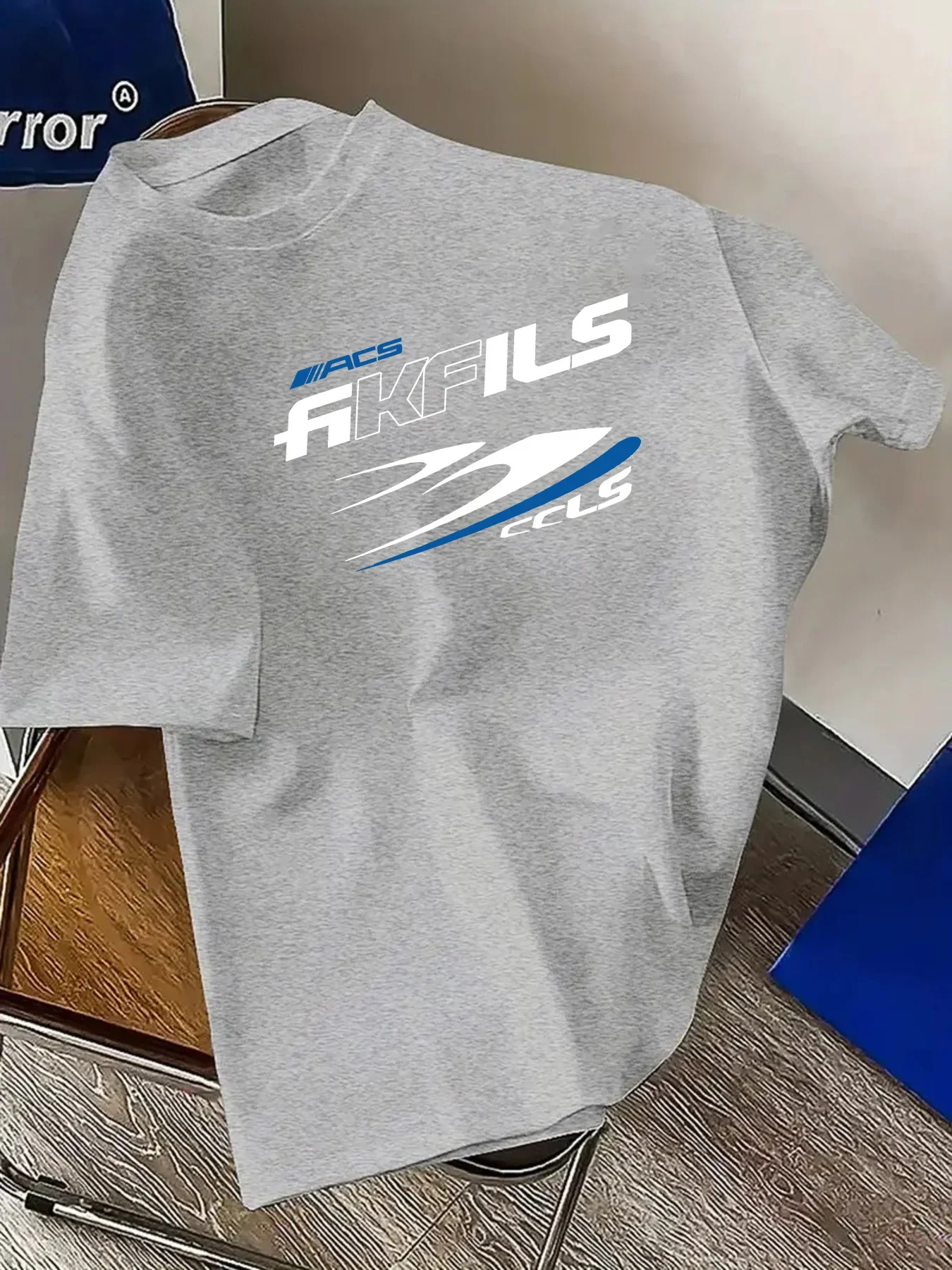 AKFILS Speed Line Letter Graphic T Shirt Men Sporty Curve Print Casual Street Hip Hop 100% Cotton Short Sleeve Tee