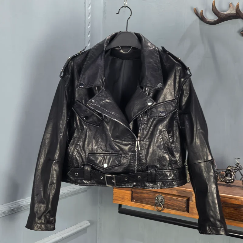 

Весна 2026: Женская кожаная куртка-косуха из вощеной коровьей кожи, модная, универсальная, трендовая, с молнией, длинными рукавами