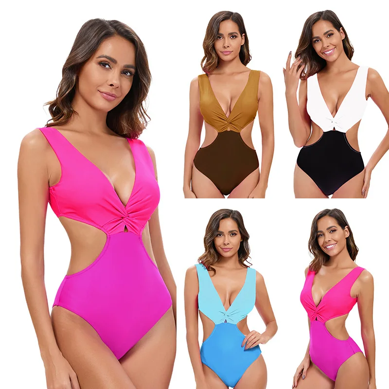 European and American Color Blocking Triangle Hollowed Out One Piece Swimsuit Feminine Backless V-neck Beach Swimsuit