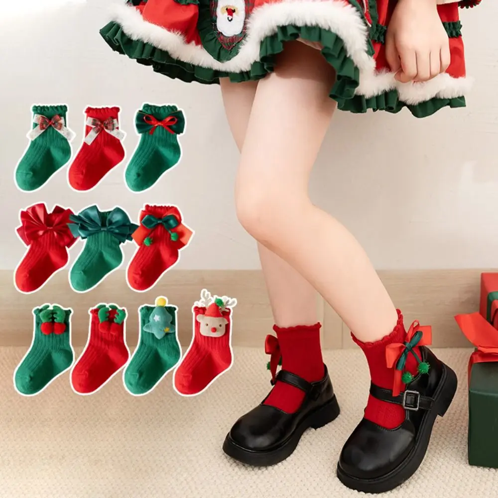 Soft Red Green Children Christmas Socks Antlers Christmas Tree Mid Tube Socks Bowknot Hosiery Kid Cotton Socks Christmas