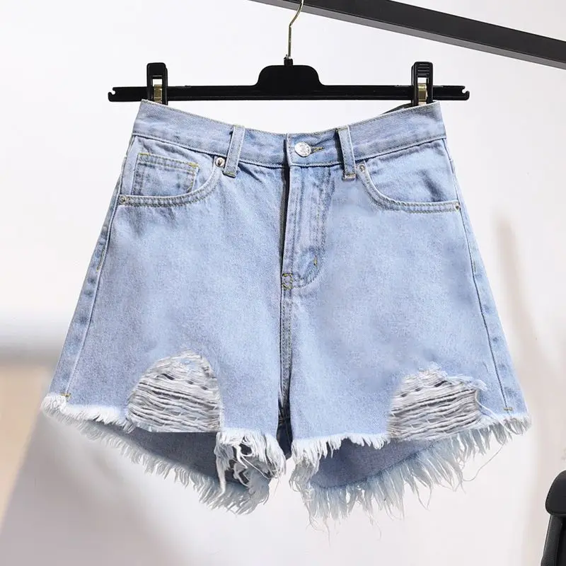 Perforated Denim Shorts for Women's 2024 Spring/summer New High Waisted Loose and Slimming A-line Versatile Wide Leg Pants