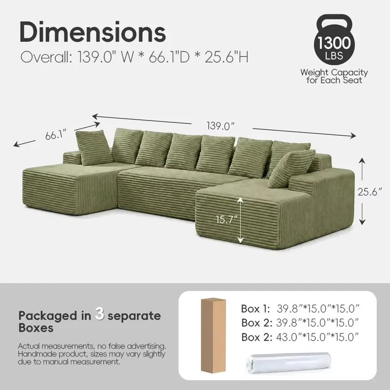 Modular Corduroy Sofa Bed Parts for U Shaped Cloud Sectional with Chaise and Ottoman Compatible with OEM ODM Designs