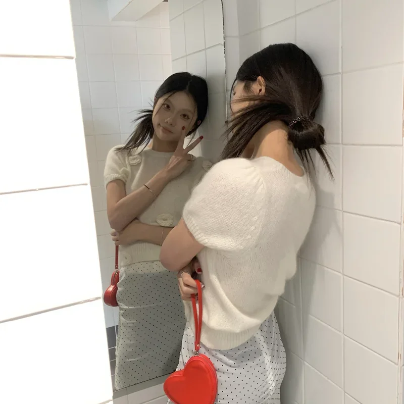 Kırpma Kazaklar 3D Çiçek Tatlı Tüm Maç Sokak Şıklığı Yaz Kızlar İnce Süveter Triko Yuvarlak Boyun Kabarık İhale Estetik Şık