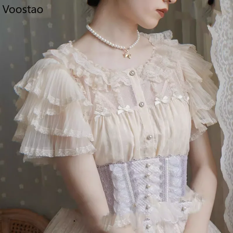 Victorian Vintage Lolita Princess Blouse Women Elegant Ruffles Short Sleeve Mesh Bow Slim Shirt Japanese Gothic Y2k Cute Tops