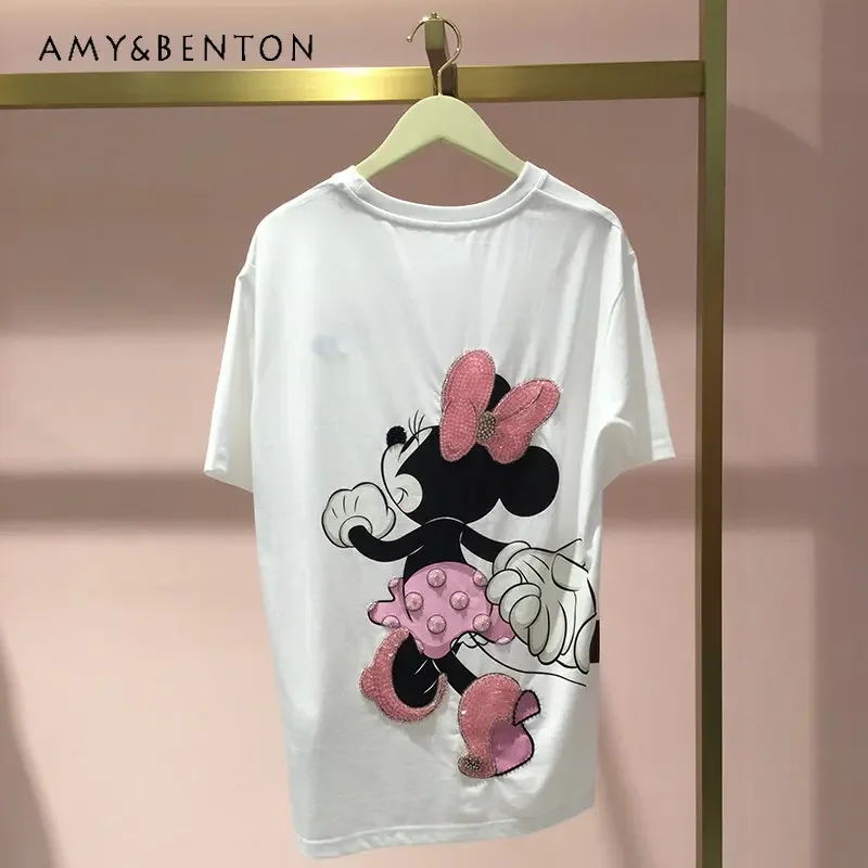  Female Summer Cartoon Pattern Short Sleeve T-shirt Tops Women Mid-Length Loose-Fitting Pure Cotton Tshirts Top Ladies