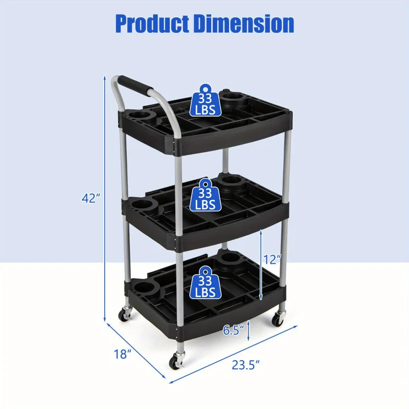 3Rolling Tool Cart with Handle Tool Storage Slots Universal Wheels for Garage，Storage Rack