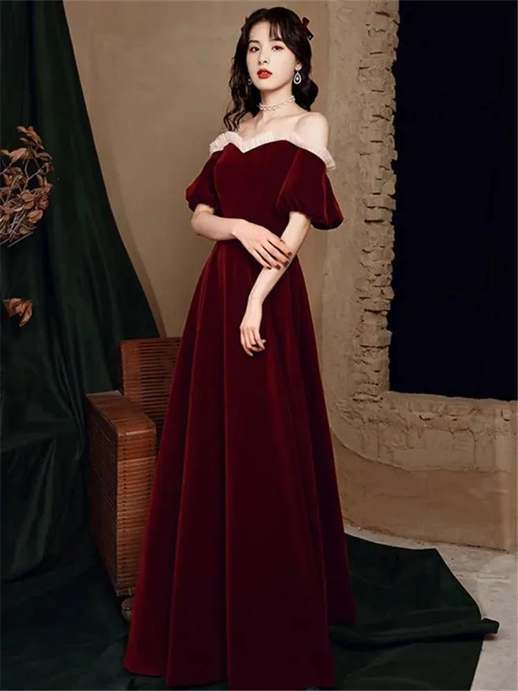 Wine Red Dress for Women Spring and Summer New Splicing V-neck Short Sleeve Long A-line Skirt Velvet Female Clothing M272