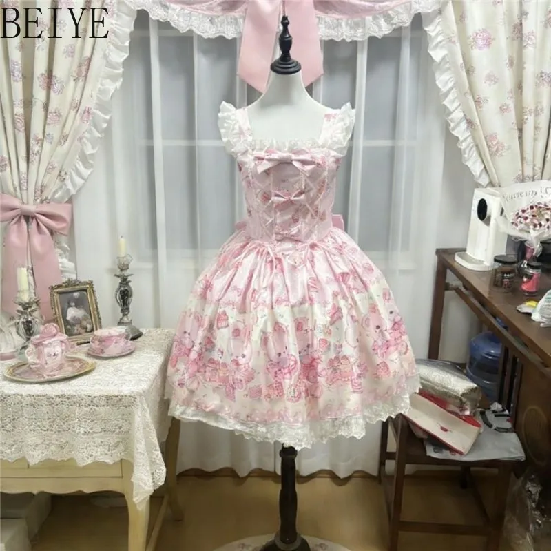 Lolita Original and Genuine Sweet Dress for Ladies Japanese Style Cute Bow Jsk Tutu Dress Women's Lace High Street Dress