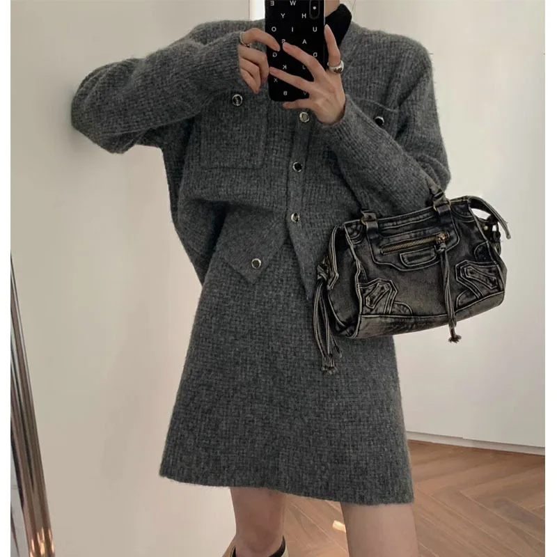 

Two Pieces Women Knitted Dress Set Solid Matching Set Button Pocket V Neck Cardigan Mini Length Skirt Casual 2025 Autumn Winter
