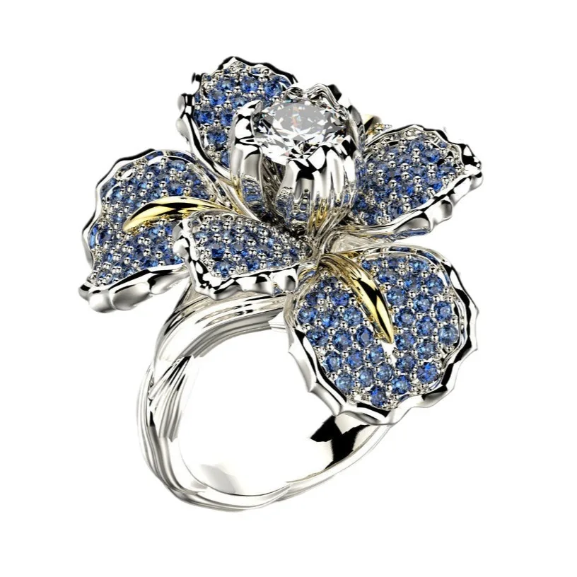 Slightly studded zircon iris two-tone ring blue topaz flower engagement cocktail women's ring jewelry