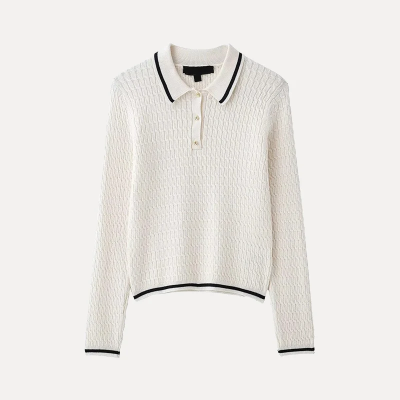 سترة نسائية بسيطة بأكمام طويلة وياقة بولو للربيع، تصميم بألوان متباينة على الحواف، أسلوب عملي، مصنوعة من ألياف البوليستر من ز...