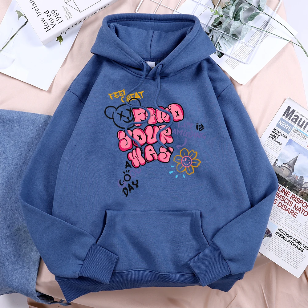 Find Your Way Life Is Amusing Printed Hoodies Women Sport Comfortable Hooded Basic Daily Casual Hoodie Loose Fleece Streetwear