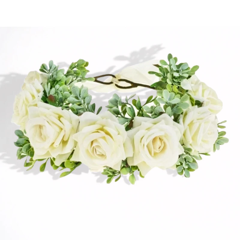 

Искусственная корона из цветов розы с листьями - реалистичный венок для волос для фотографий свадьбы и отдыха на пляже - регулируемый ореол