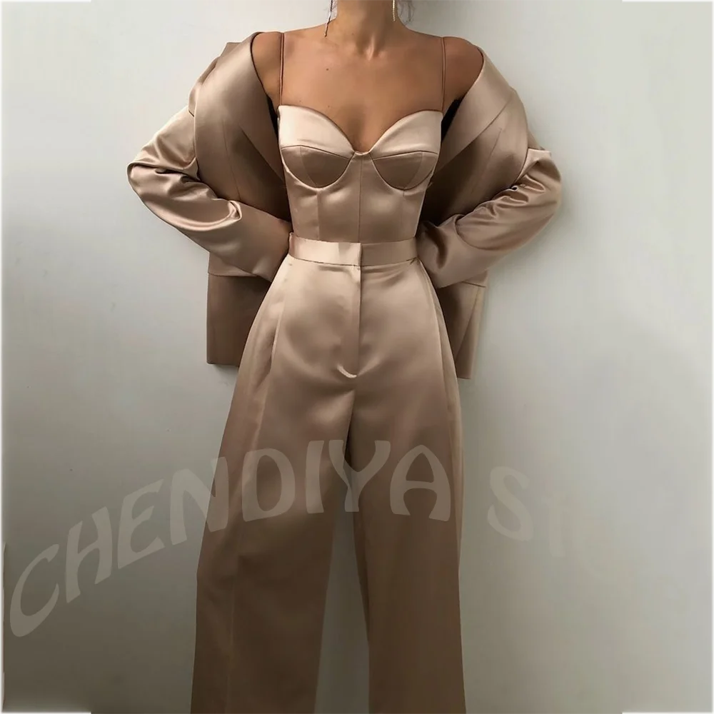High End Satin Women Suits Jacket Pants Tailored Fit Peak Lapel Single Button Straight Fit Modern Lady Fashion Clothes Set