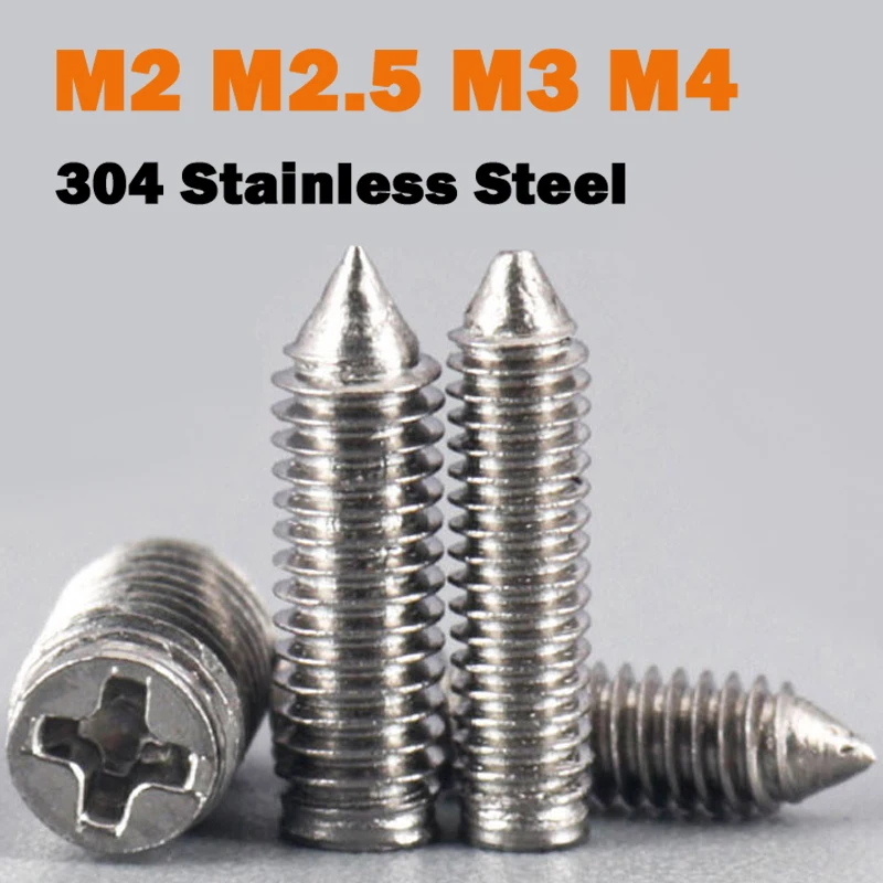 

304 Stainless Steel Cross Groove Pointed Locking Machine Screw Cross Cone End Headless Bolt M2 M2.5 M3 M4