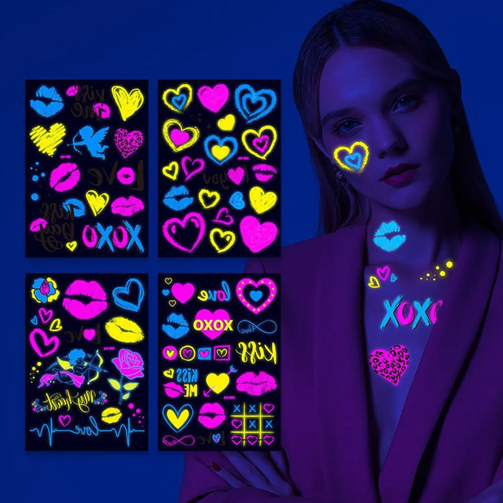 

4 листа временных татуировок, светящихся в темноте, безопасных для кожи, с узорами, для женщин и девушек.