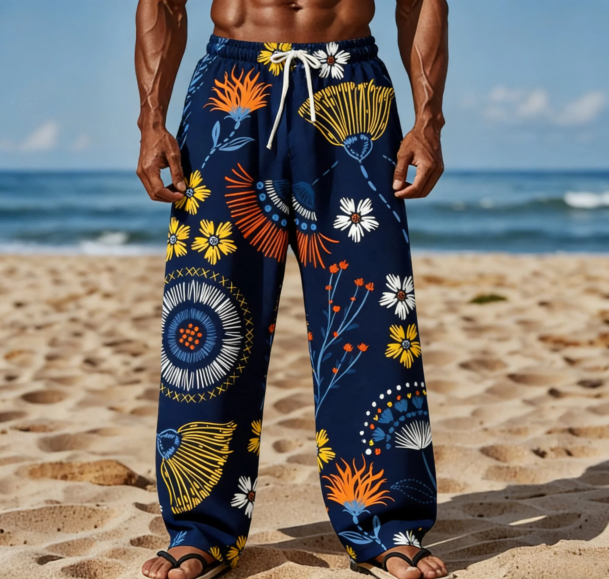 

Men's Summer New Hawaiian Blue And White Floral Print Straight Leg Pants Beach Casual Pants
