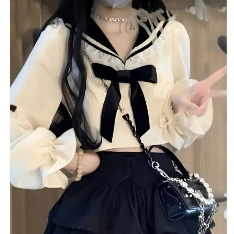 Autumn Preppy Style New Two Piece Set Women Y2k Bow Kawaii Mini Skirt Suit Female Japan Fashion Vinatage Casual Princess Set