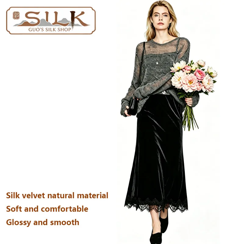 

100% Silk Velvet Ladies' Half-Dress With Lace Edging Continuous Skirt Features Elegant Casual Style Suitable Spring Autumn