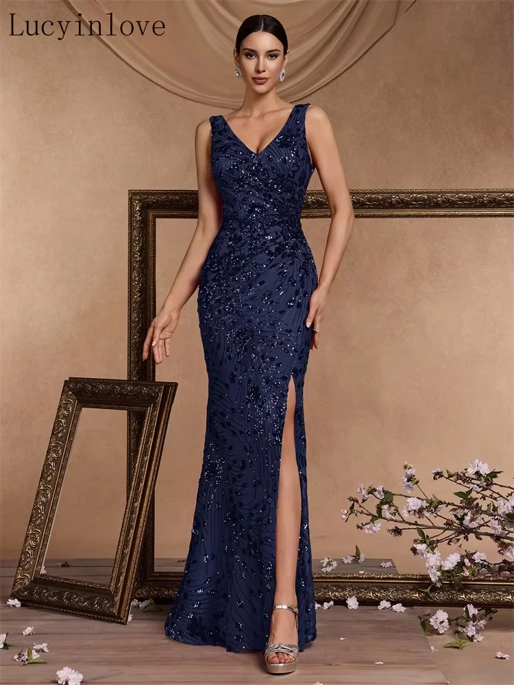 

Новое элегантное вечернее платье Lucyinlove с V-образным вырезом и разрезом, 2026, женское длинное платье-русалка с пайетками, V-образная спинка, для коктейльных вечеринок, свадеб, выпускных балов