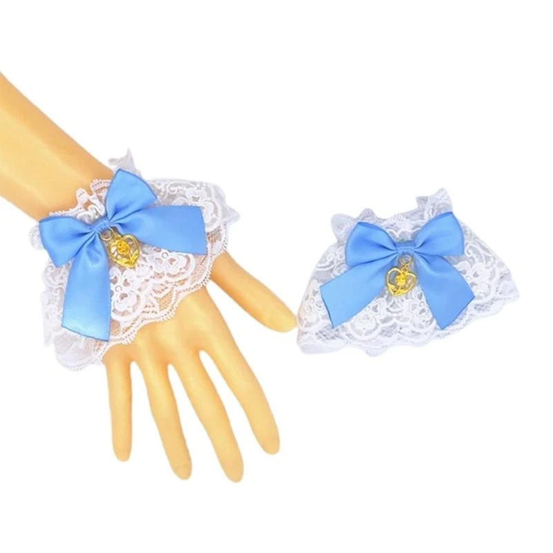 R1WE – Bracelet en dentelle à volants, fait à main, avec pendentif en forme cœur, avec nœud papillon, Anime main