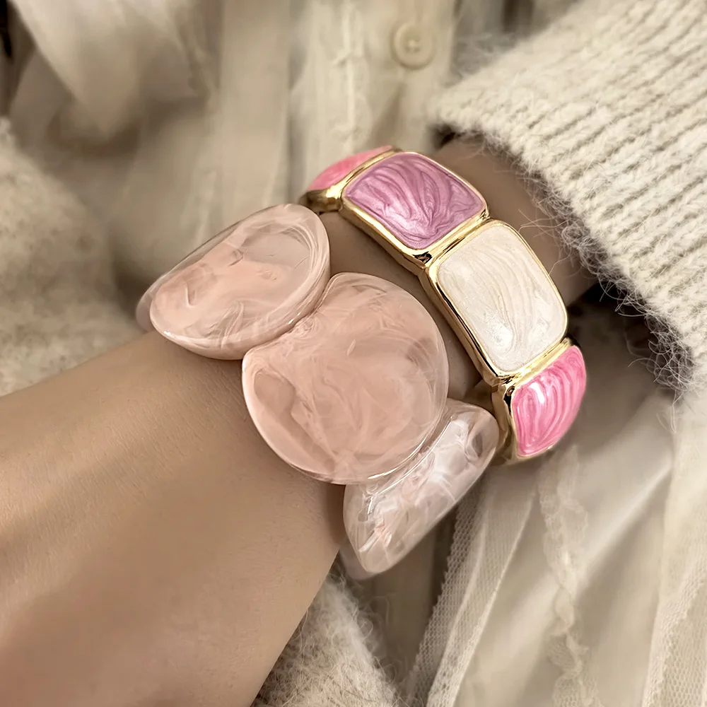 Pink Enamel Resin Acrylic Wide Bangle Bohemian Ethnic Irregular Geometric Metal Bangles For Women Charm Bracelets Couple Jewelry