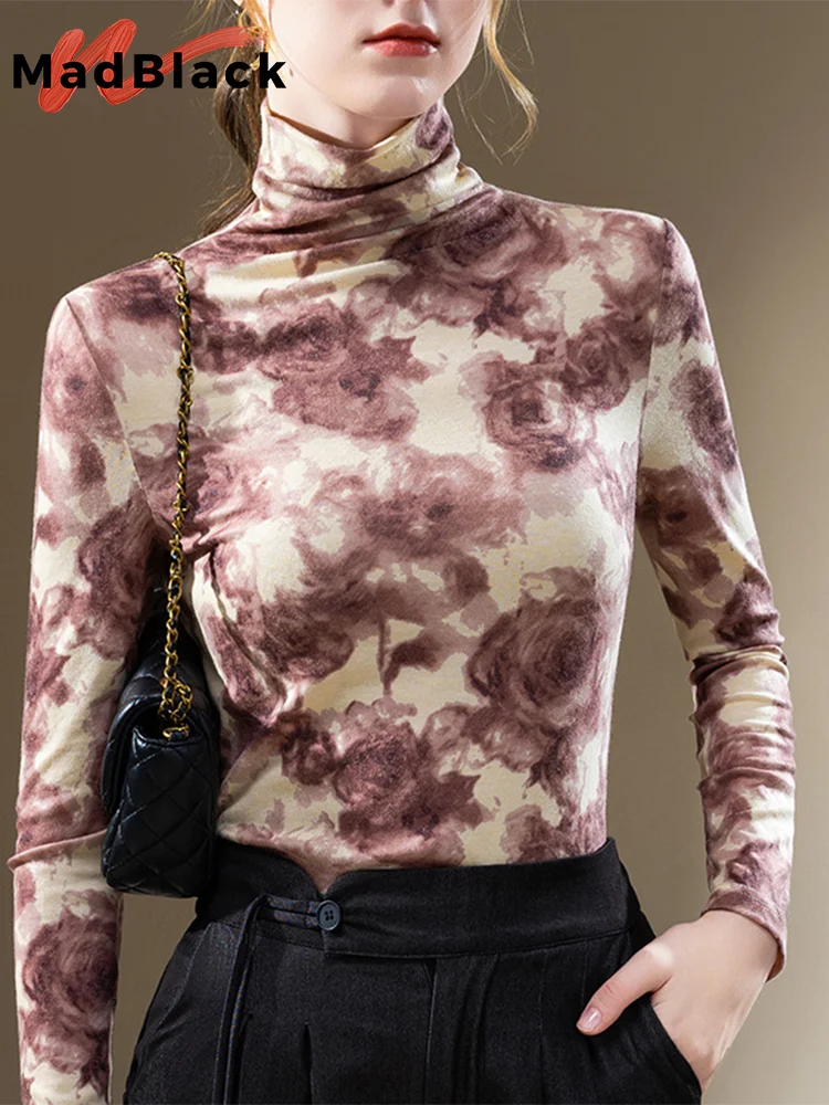 

MadBlack European Clothes Mock Neck Tshirt Women Floral Print Slim Cotton Tops Long Sleeve Bottoming Tee Autumn Winter T3N506JM