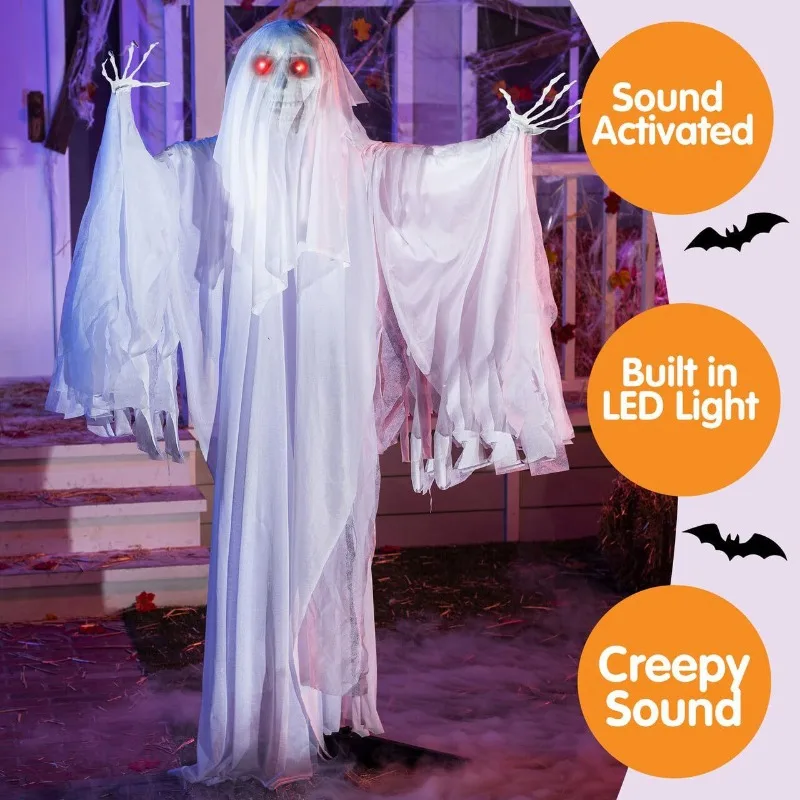 Fantôme lumineux et sonore à commande vocale pour Halloween, 1,7 m, décoration et accessoires terrifiants pour lieux événementiels