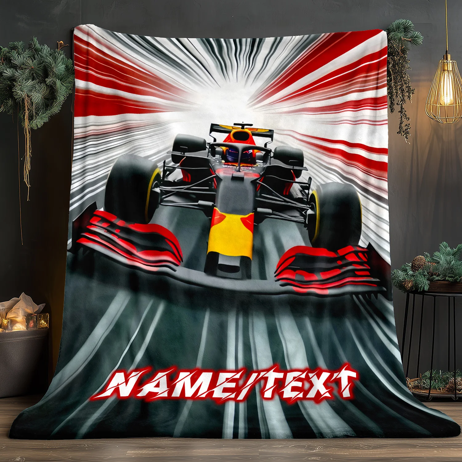 Personalisierte Formel-1-Rennflanelldecke, weich, leicht, warm, anpassbarer Name _ Text-Rot-Schwarz-Design