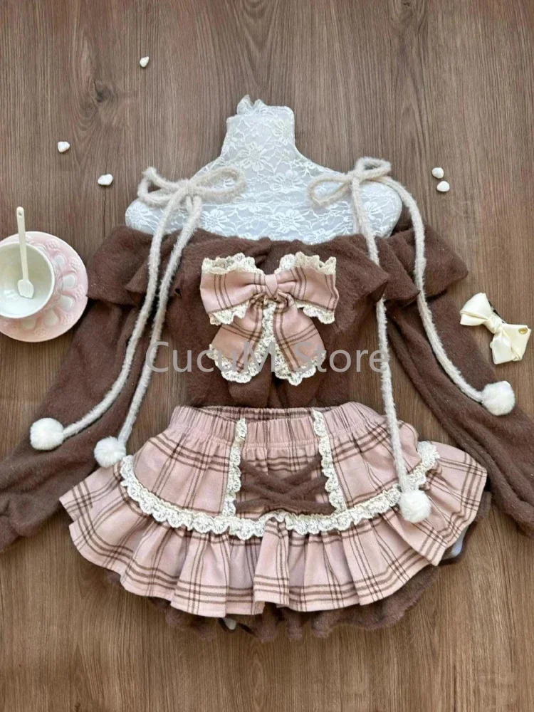 Japanese Sweet Lolita 2 Piece Sets Women Retro Off Shoulder Bow Blouse Tops Plaid Cake Mini Skirt Girls Kawaii Y2k Slim Outfits