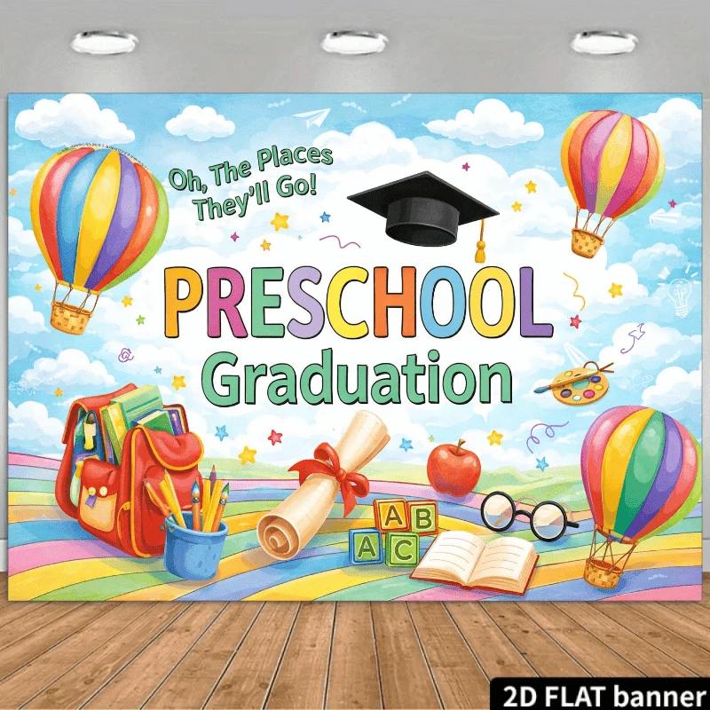 VIKAMA Rainbow Hot Air Balloon Tapestry, Graduation Party Backdrop Wall Decor for Preschool, Indoor Outdoor Photography