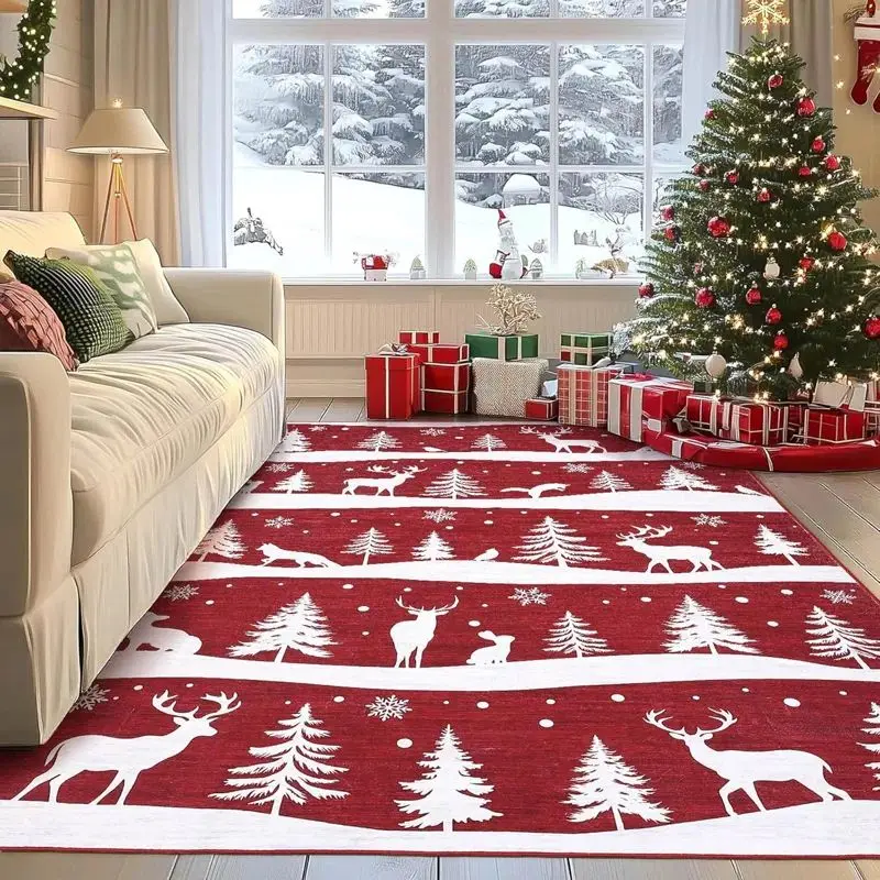 VIKAMA Christmas Living Room Rug, Reindeer Santa Sleigh Pine House Pattern Area Carpet, Holiday Floor Mat for Home