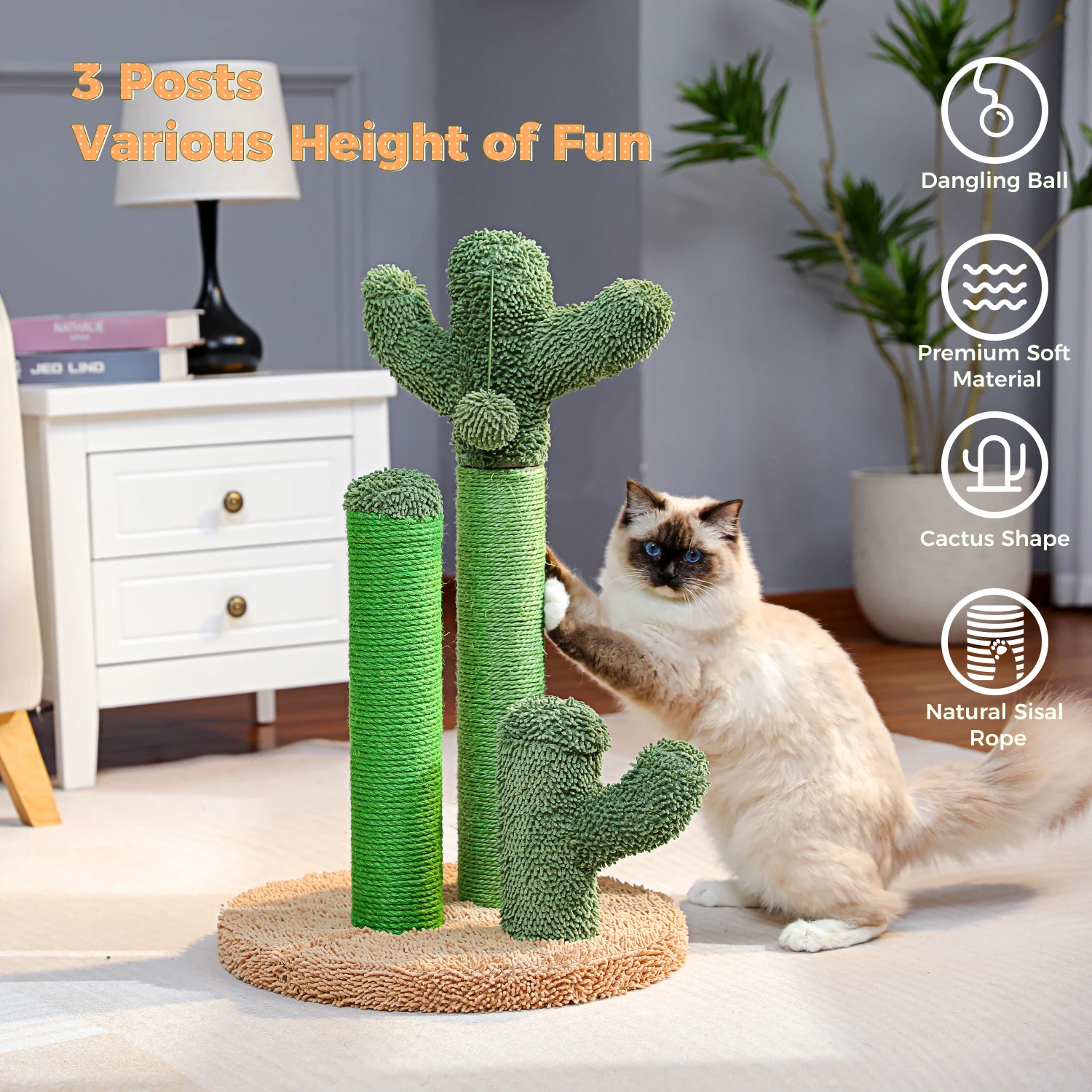 Cat Scratching Post Cactus Cat Scratcher Featuring with 3 Scratching Poles and Interactive Dangling Ball