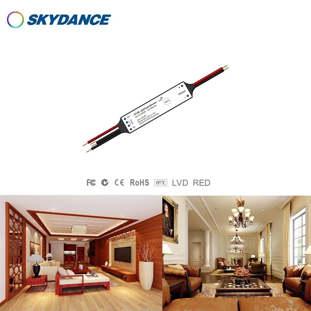 DC12-24V  V1-N (Push Dim) Mini CV Step-less dimming  RF 2.4GHz Wireless remote control Dimmable Single Color COB/LED Light Strip