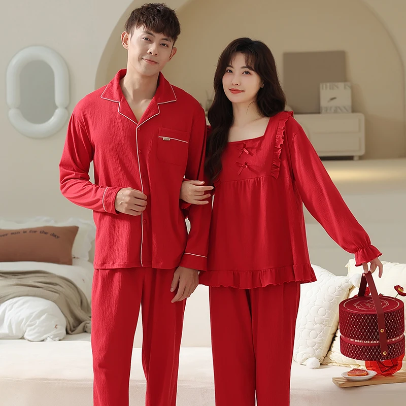 

Spring and Autumn Couple Pajama Sets M-4XL Long Sleeve Knited Cotton Leisure Turn-down Collar Solid Loungewear