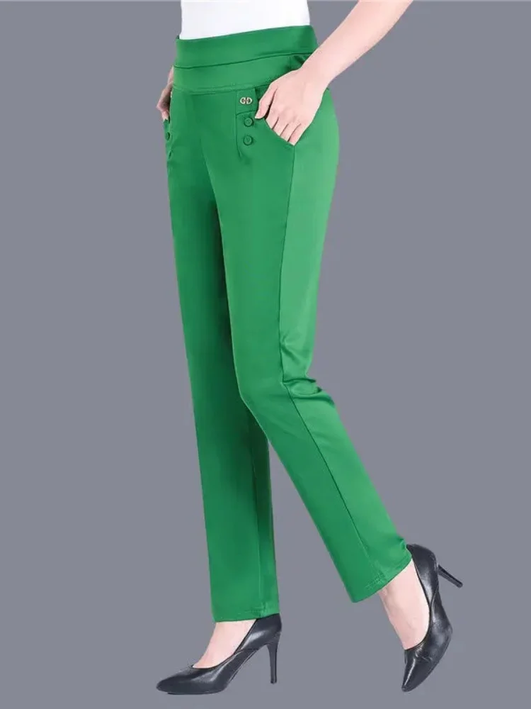 Plus Size Casual Women Elastic Basics Pencil Pants Straight Trousers OL Candy Colors High Waist Ankle-Length Pants Middle-aged