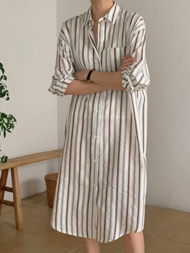 Spring Summer striped shirt dress Women Elegant Vintage Lapel Loose Commuter Ladies Dresses Streetwear Long Formal Dresses Robe