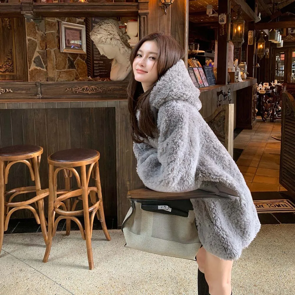 سميكة أفخم منتصف طول الفراء سترة المرأة فضفاضة تناسب صوف الضأن معطف مقنع الشتاء نمط جديد ملابس خارجية الموضة #2