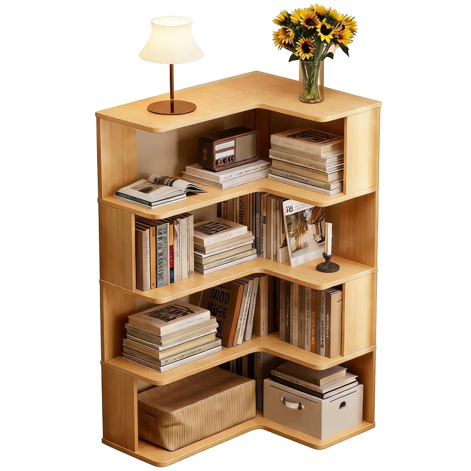 Solid Wood Corner Bookshelf 4 Tier L Shaped Etagere Storage Display Shelf for Home Office Living Room, Customized