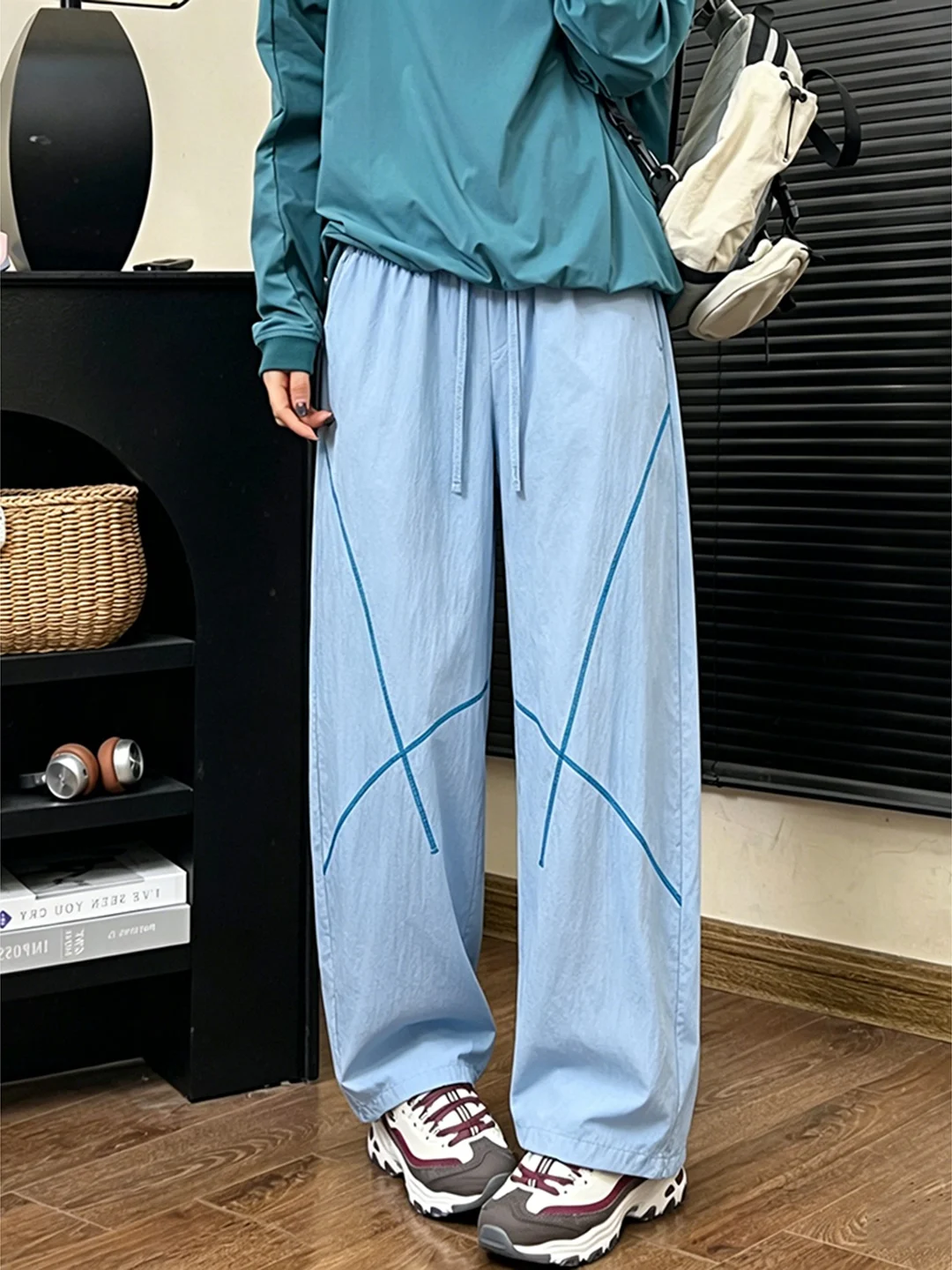 Quick Dry  Blue HUSS Line Thin  Paratrooper Running Sports Pants Cycling Casual Pants Loose Fit Straight Leg Breathable
