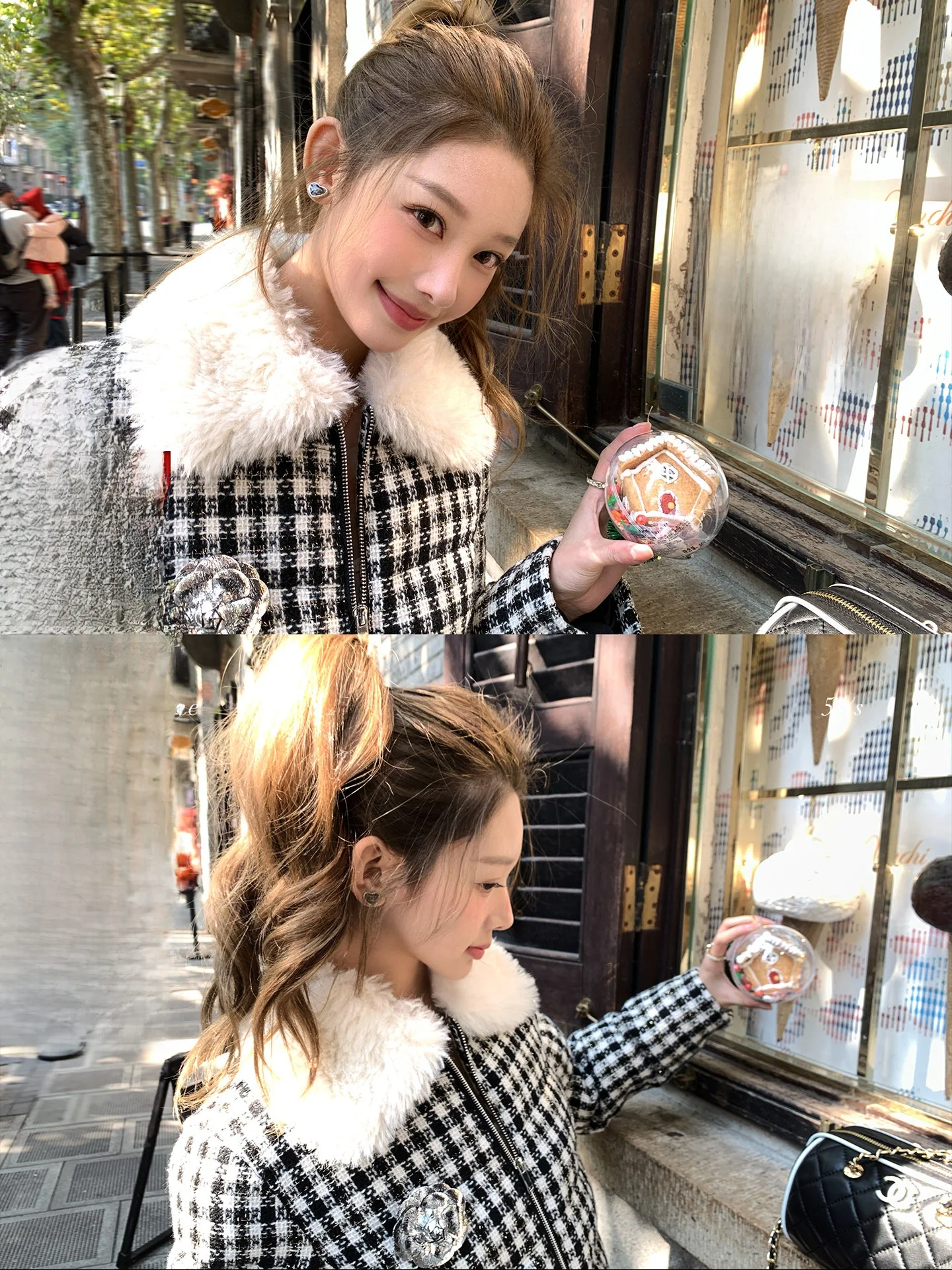 

LIONE Miss Hera Bla White Plaid Eco-Friendly Fur Collar Cotton Jaet Korean Sle Loose Fit Long Sve Zipper Closure