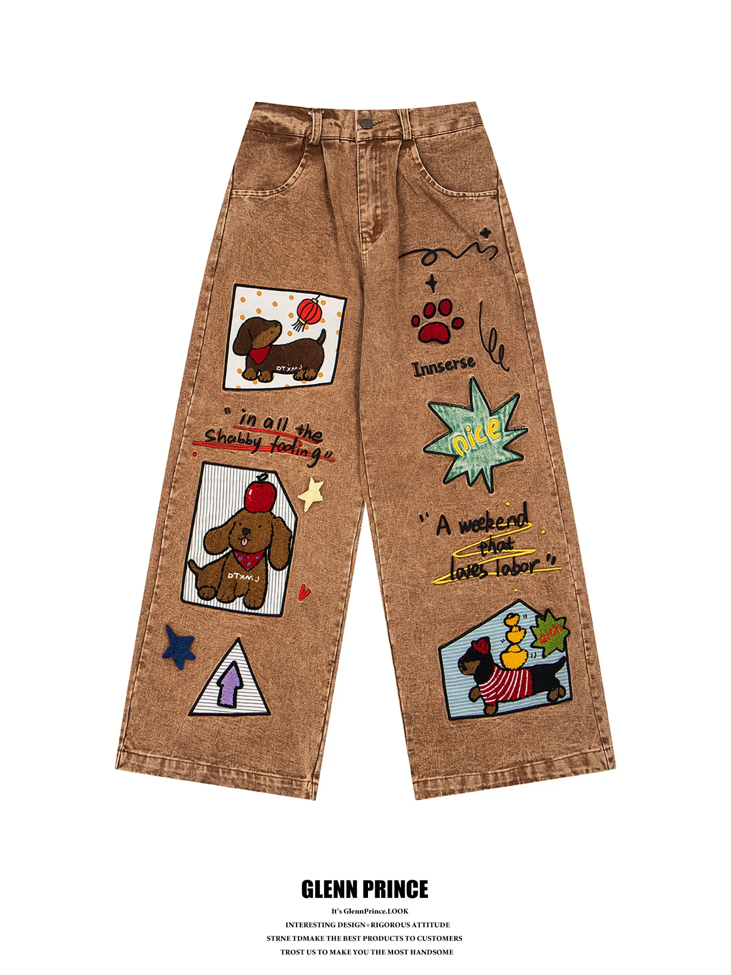 Calças Jeans Americanas Retrô com Bordado de Desenhos Animados, Estilo Casual, Unissex, em Algodão Denim, Moda Jovem