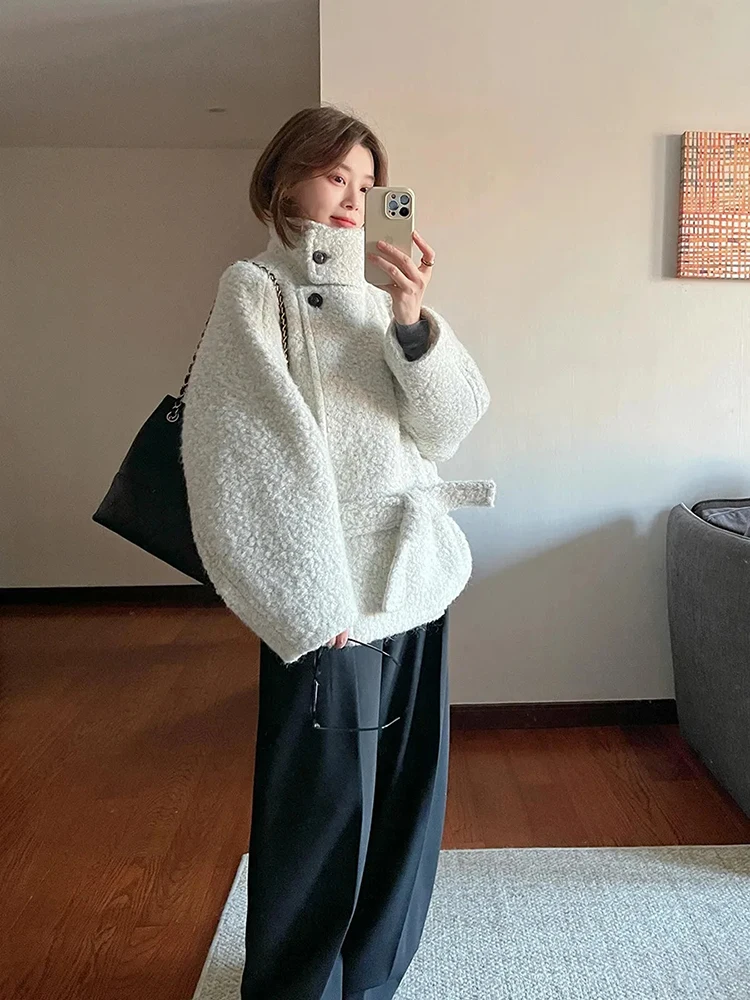 Koreański płaszcz wełniany z kołnierzem stójką, luksusowy, damski, zimowy, nowy, luźny, casualowy, długi, ciepły.