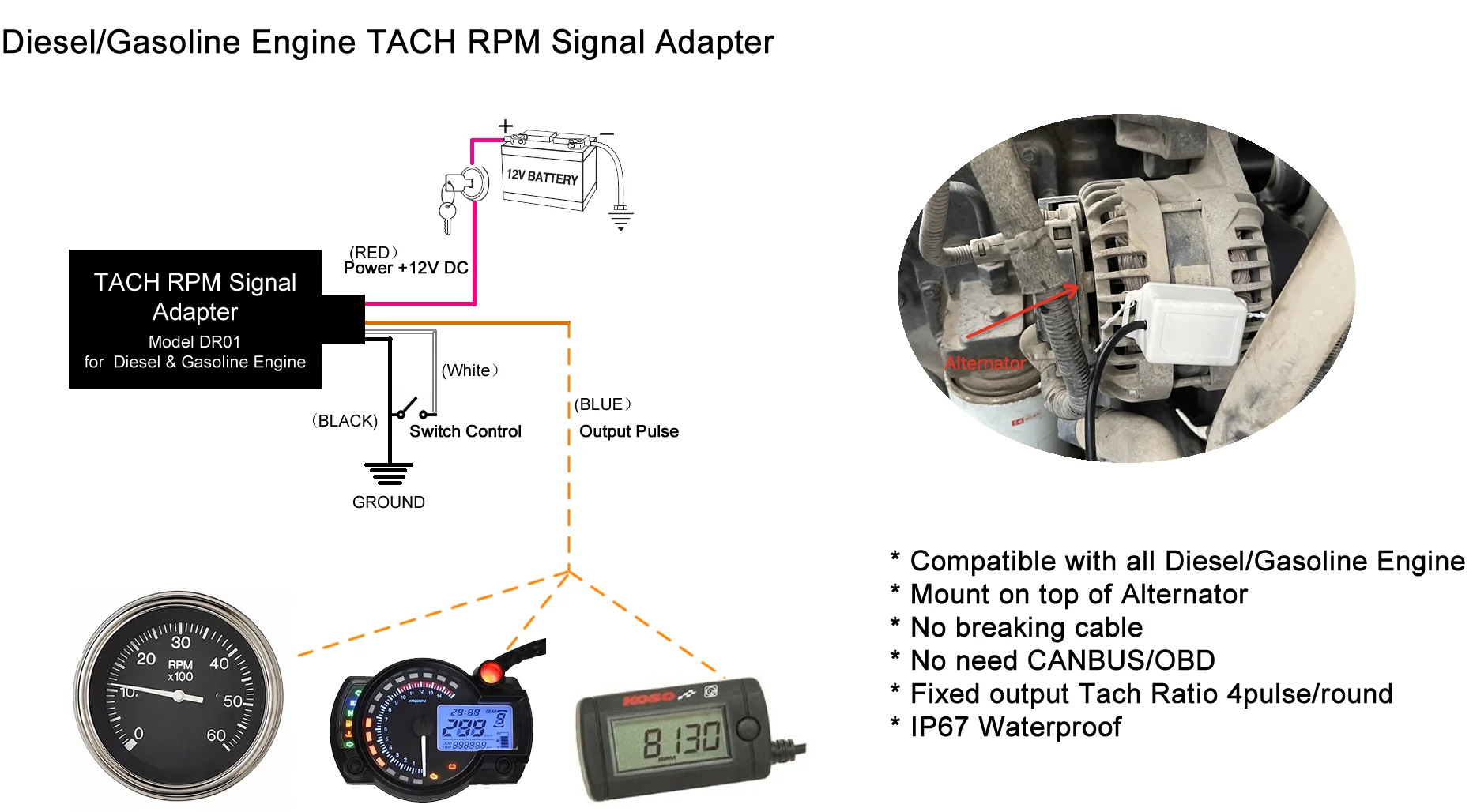 Universeller Motordrehzahlsensor für Diesel- und Benzinmotoren, Drehzahlmesser, RPM-Signaladapter – Detail 3
